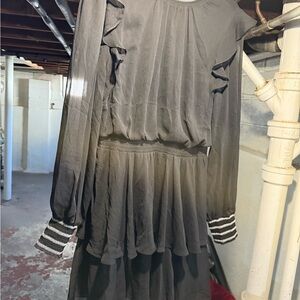 Black Long-Sleeve Tiered Midi Dress with Striped Cuffs